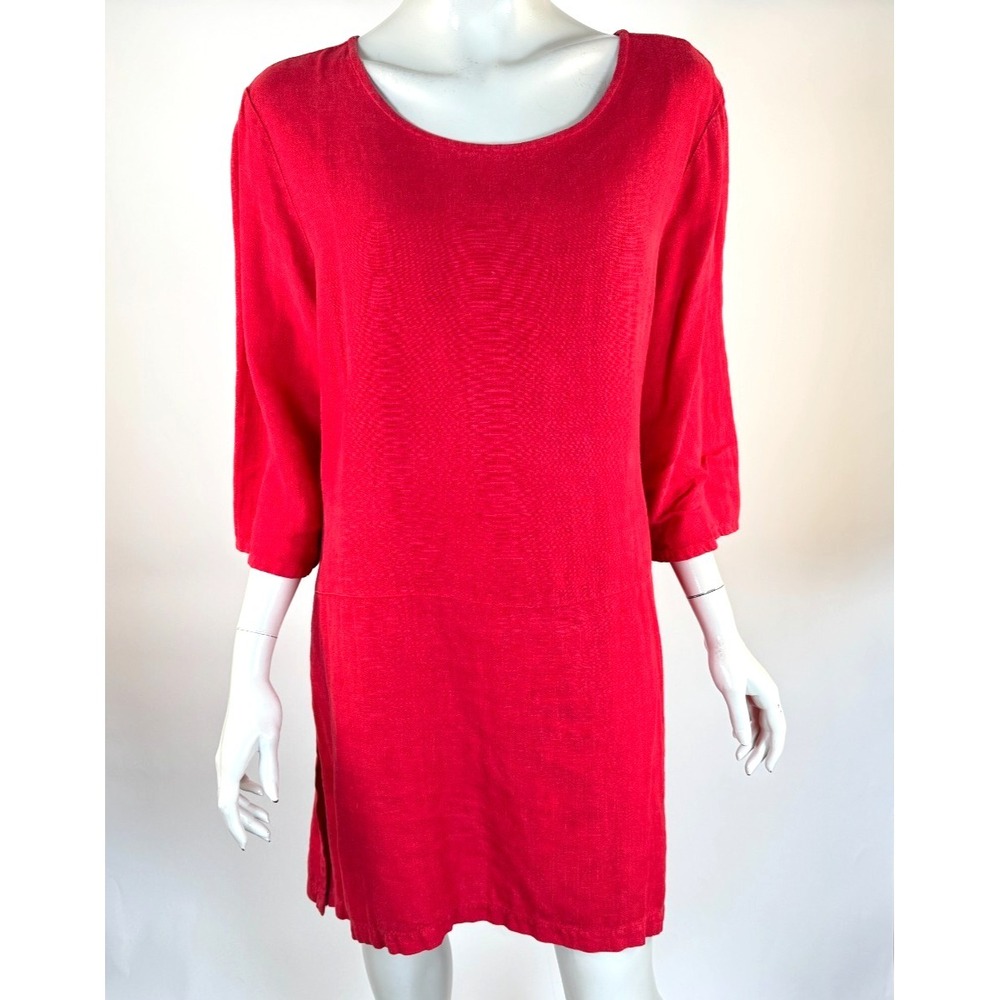 Bryn Walker Heavy Linen Tunic Top Women L Flaw* Slit 1/2 Sleeveβ Lagenlook Red